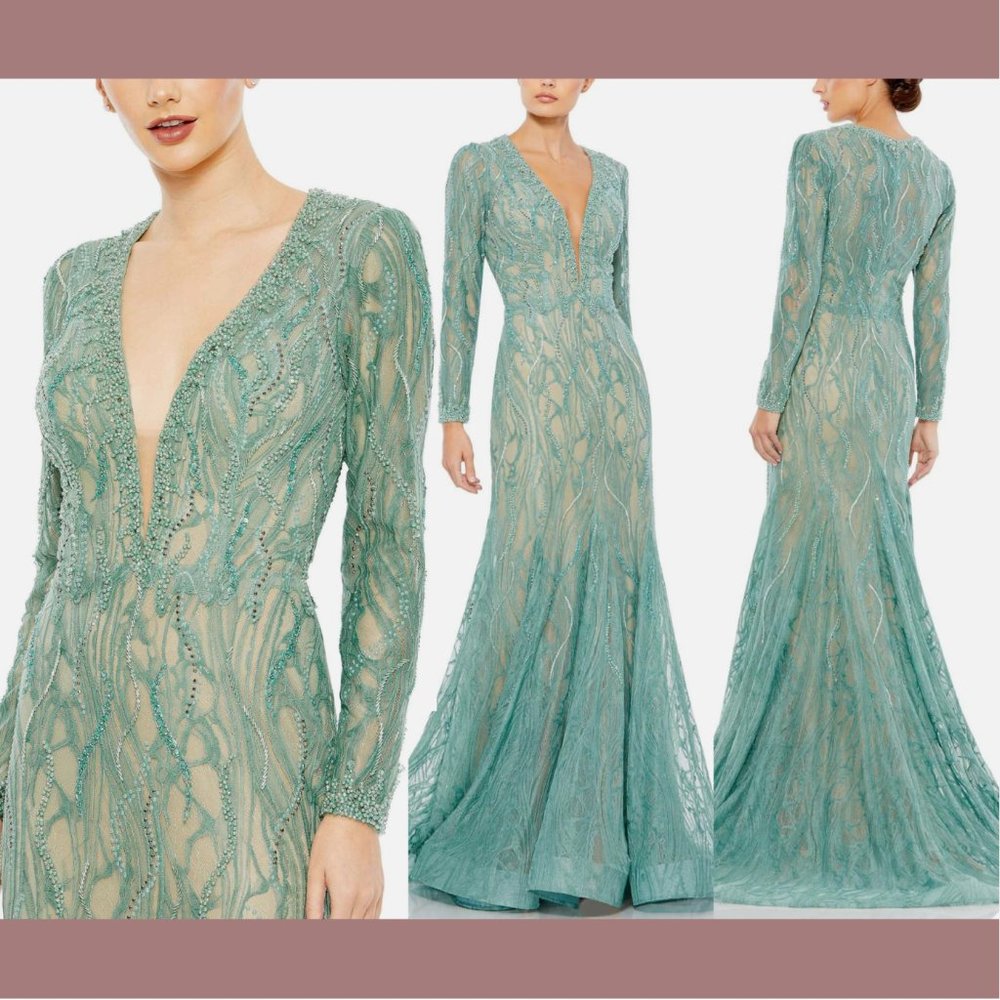 NWT $798 Mac Duggal [ 16‎ ] Beaded Lace Long Sleeve Plunge Neck Gown Sage Green